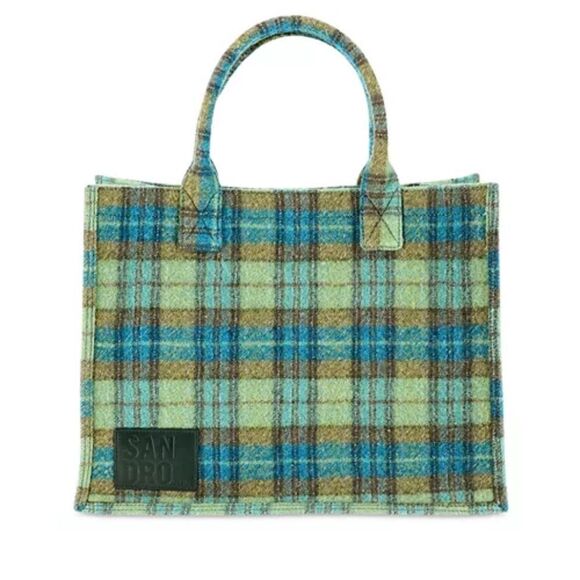 NWT Sandro Tartan Kasbah Wool Tote Blue And Green Large With Handles - Picture 2 of 16